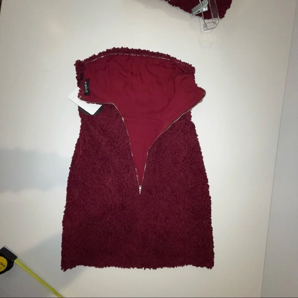 Storia Textured Floral Mini Dress Strapless Bodycon Maroon L - Picture 11 of 17